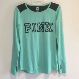 PINK Victoria’s Secret Mint Green/Black Long Sleeve Logo Performance Crew Top L